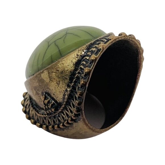 Green Glass Full Finger Brass Ring 6.5 Bohemian Ethnic Boho Chic - Picture 2 of 16
